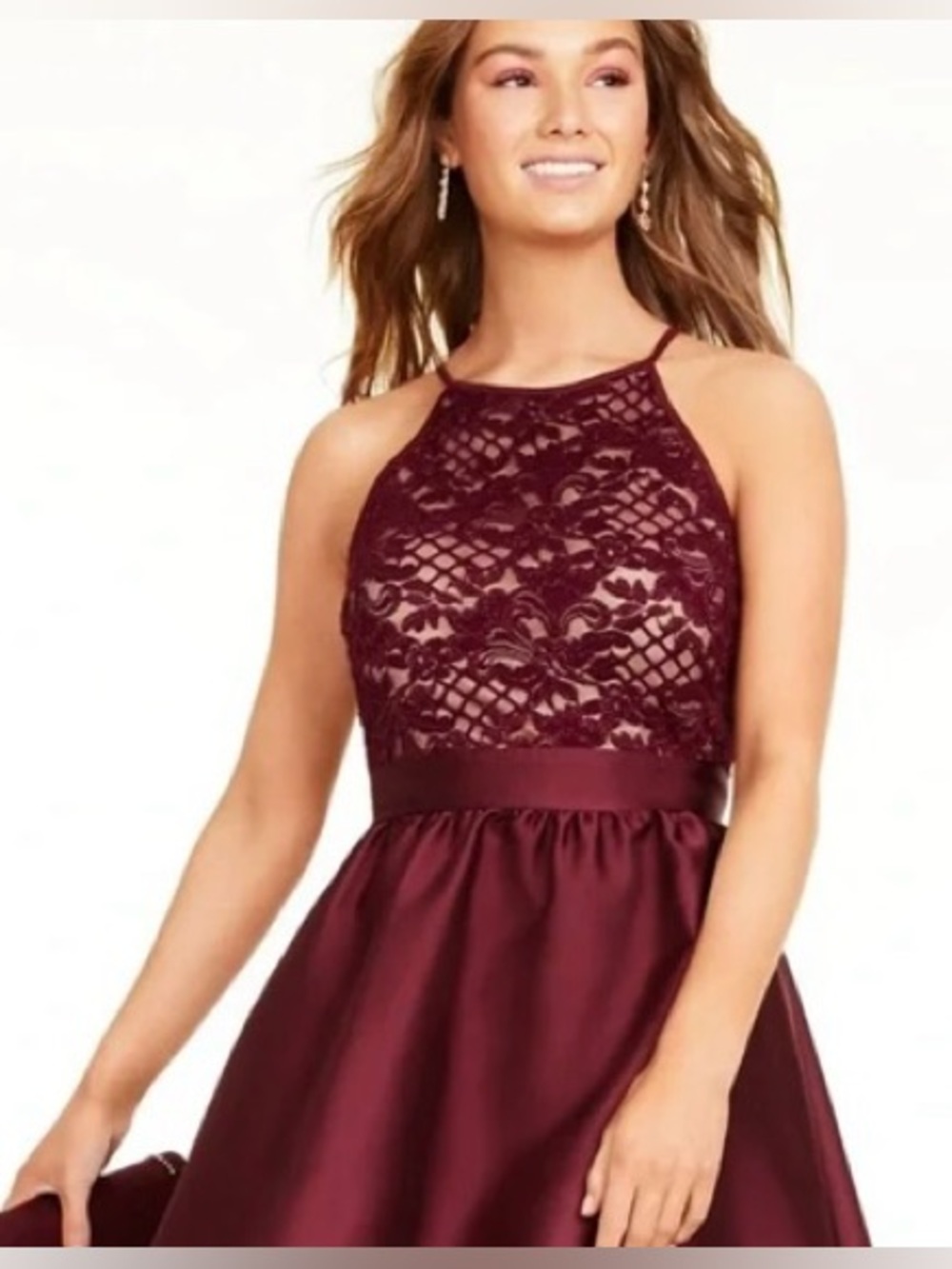 NWT Emerald Sundae Jr Burgundy Lace Halter Satin Prom Dress
